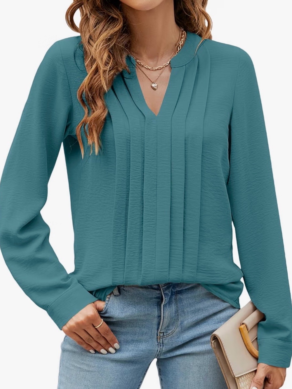 Women’s Teal Pleated V-Neck Long Sleeve Blouse